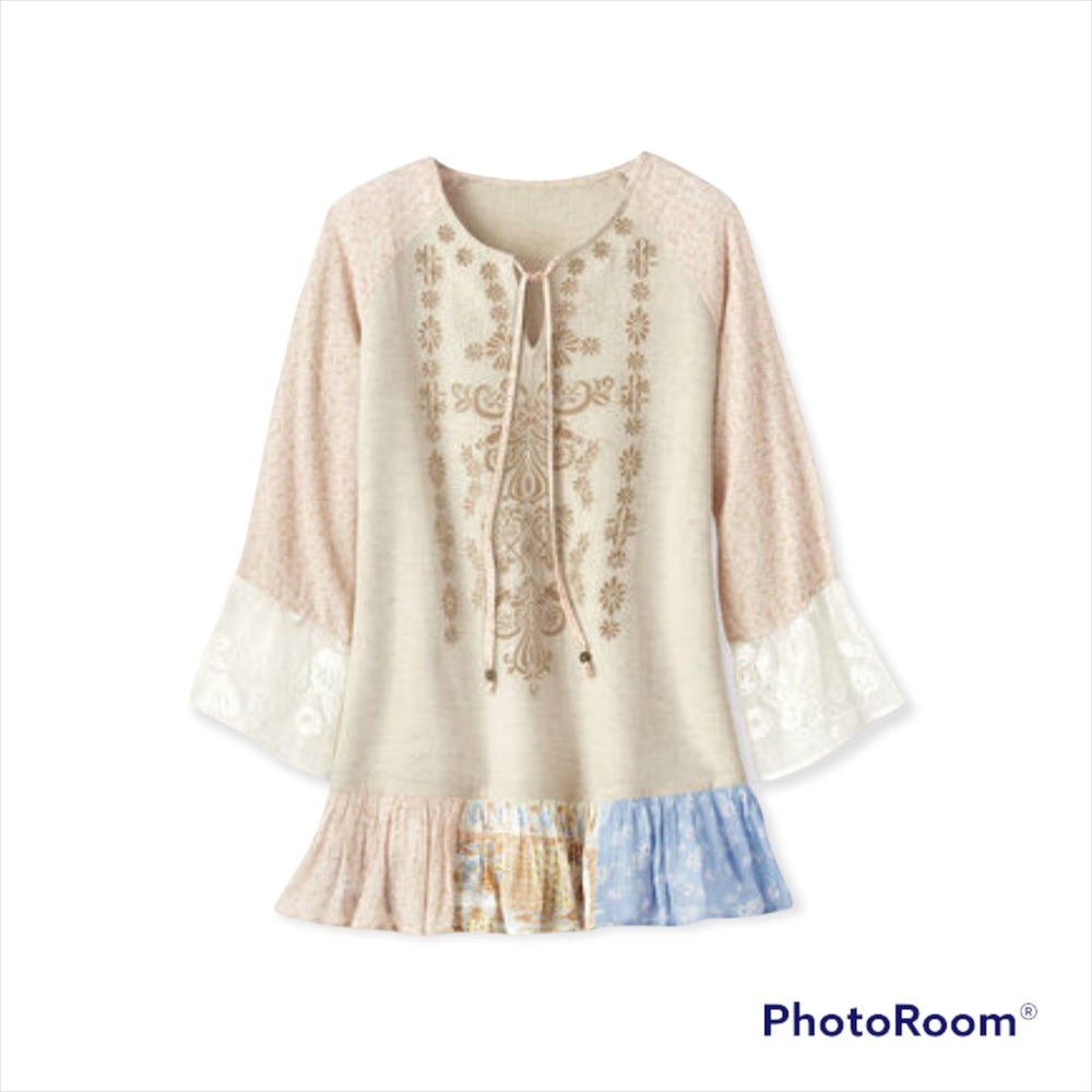 COLDWATER CREEK Days Long Gone tunic blouse Tassels Lace Linen Blend NEW Small